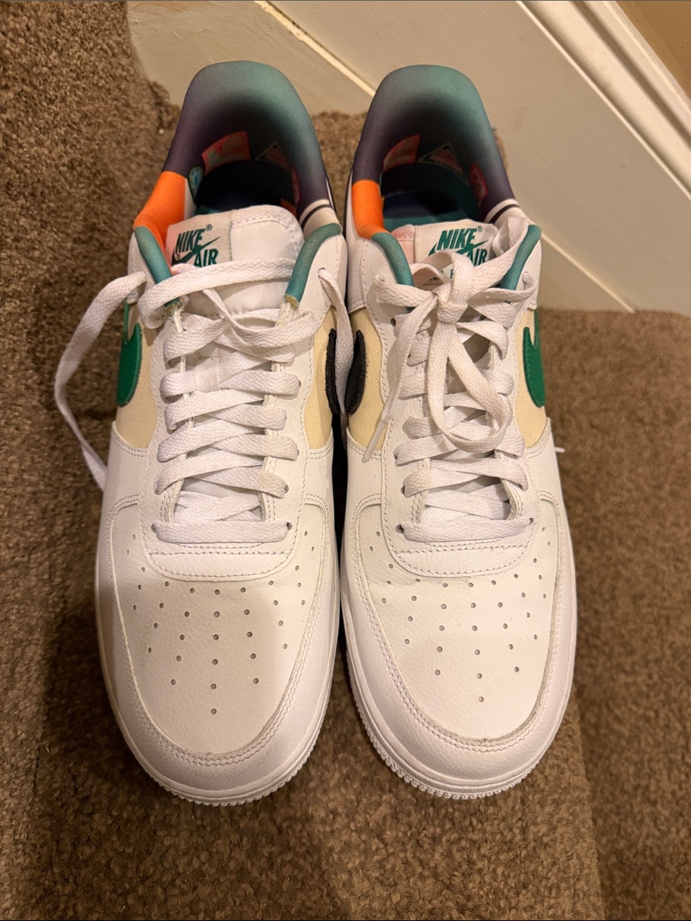 Men’s Nike Air Force 1s Low-Top Sneakers in White with Green Accents